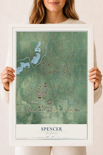 Map of Spencer, Oklahoma, 18 x 24 inch print in a white wood frame