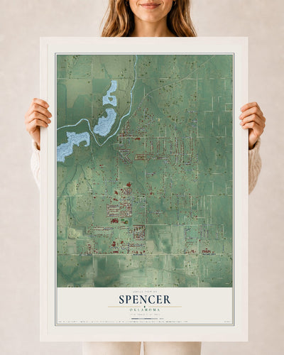 Map of Spencer, Oklahoma, 24 x 36 inch print in a white wood frame