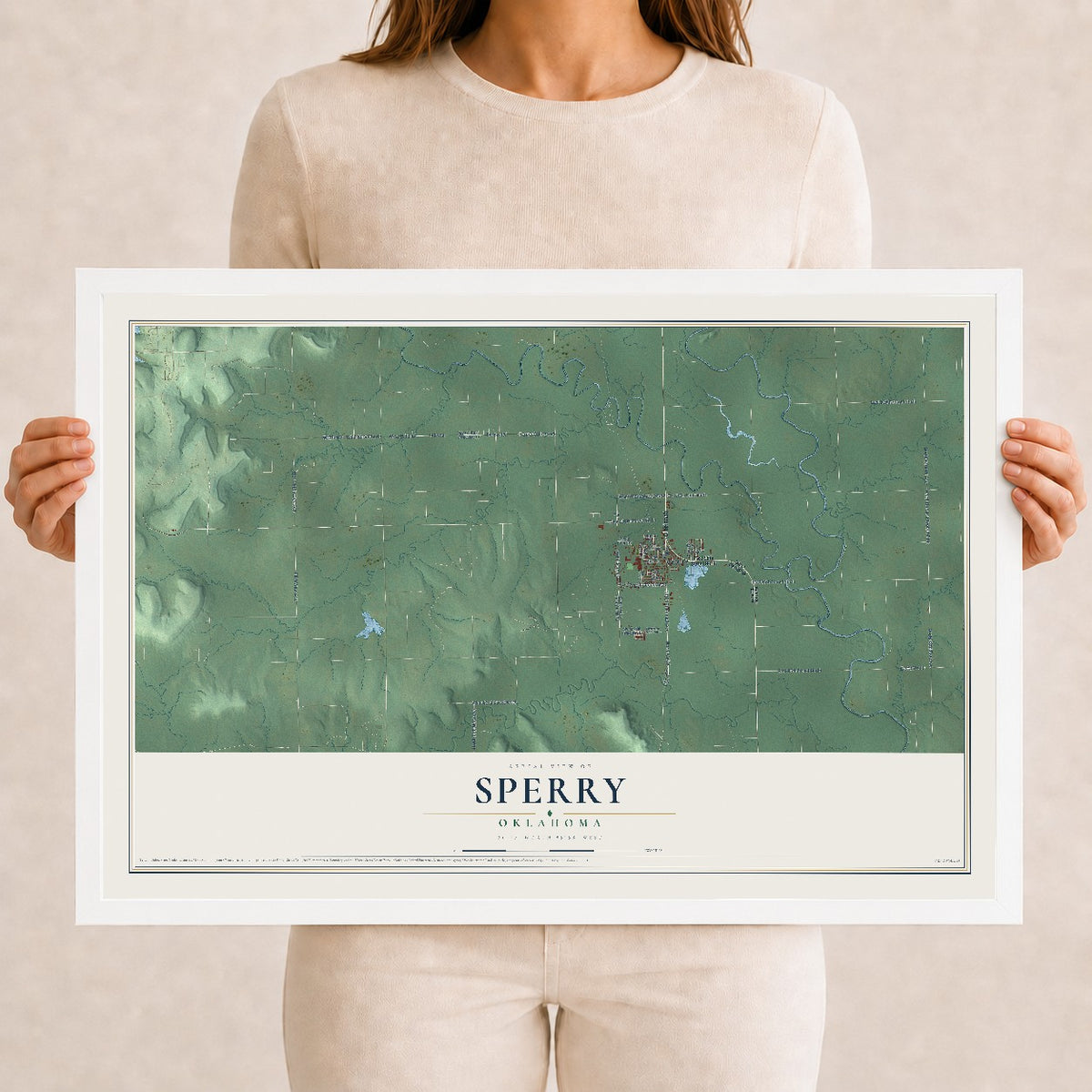 Map of Sperry, Oklahoma, 12 x 18 inch print in a white wood frame