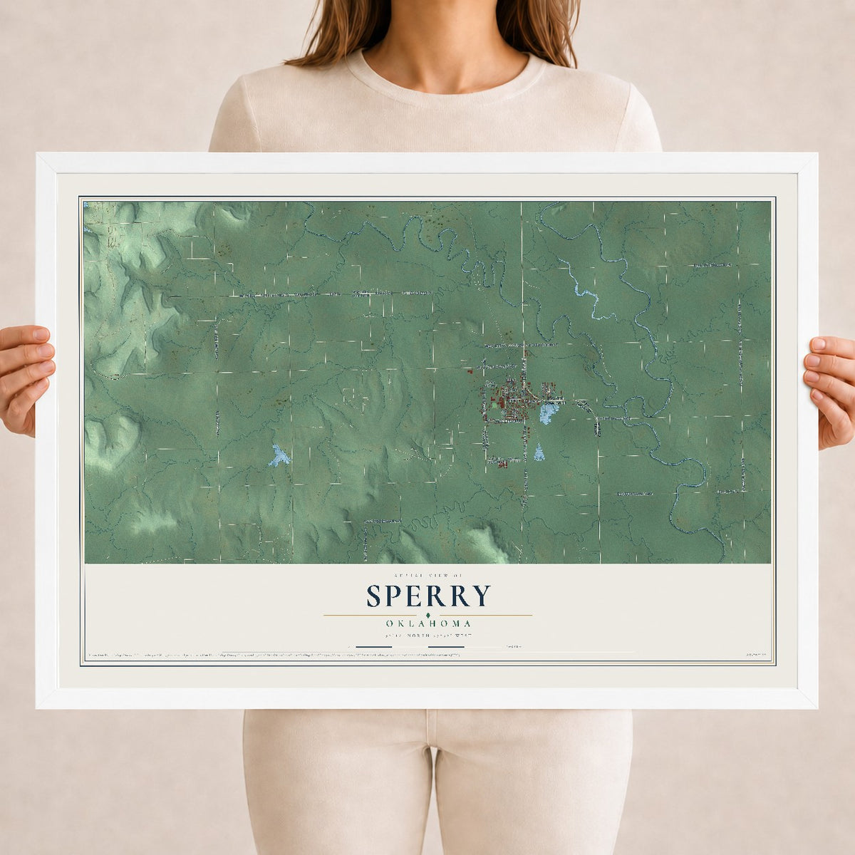 Map of Sperry, Oklahoma, 18 x 24 inch print in a white wood frame