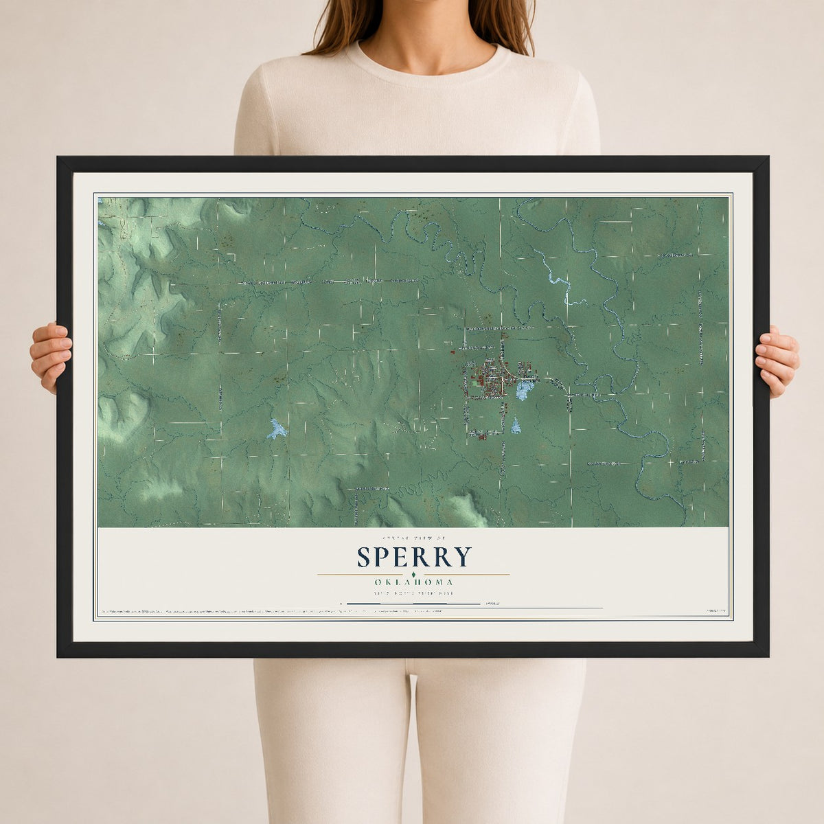 Map of Sperry, Oklahoma, 24 x 36 inch print in a black wood frame