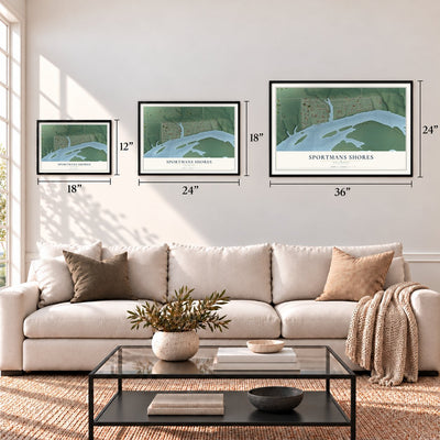 Sportmans Shores, Oklahoma map in 12 x 18, 18 x 24 and 24 x 36 inch sizes above a sofa