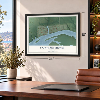 Sportmans Shores, Oklahoma map, 18 x 24 inch print in a black frame in a home office