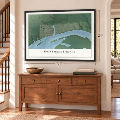 Sportmans Shores, Oklahoma map, 24 x 36 inch print in a black frame above a dresser by a staircase