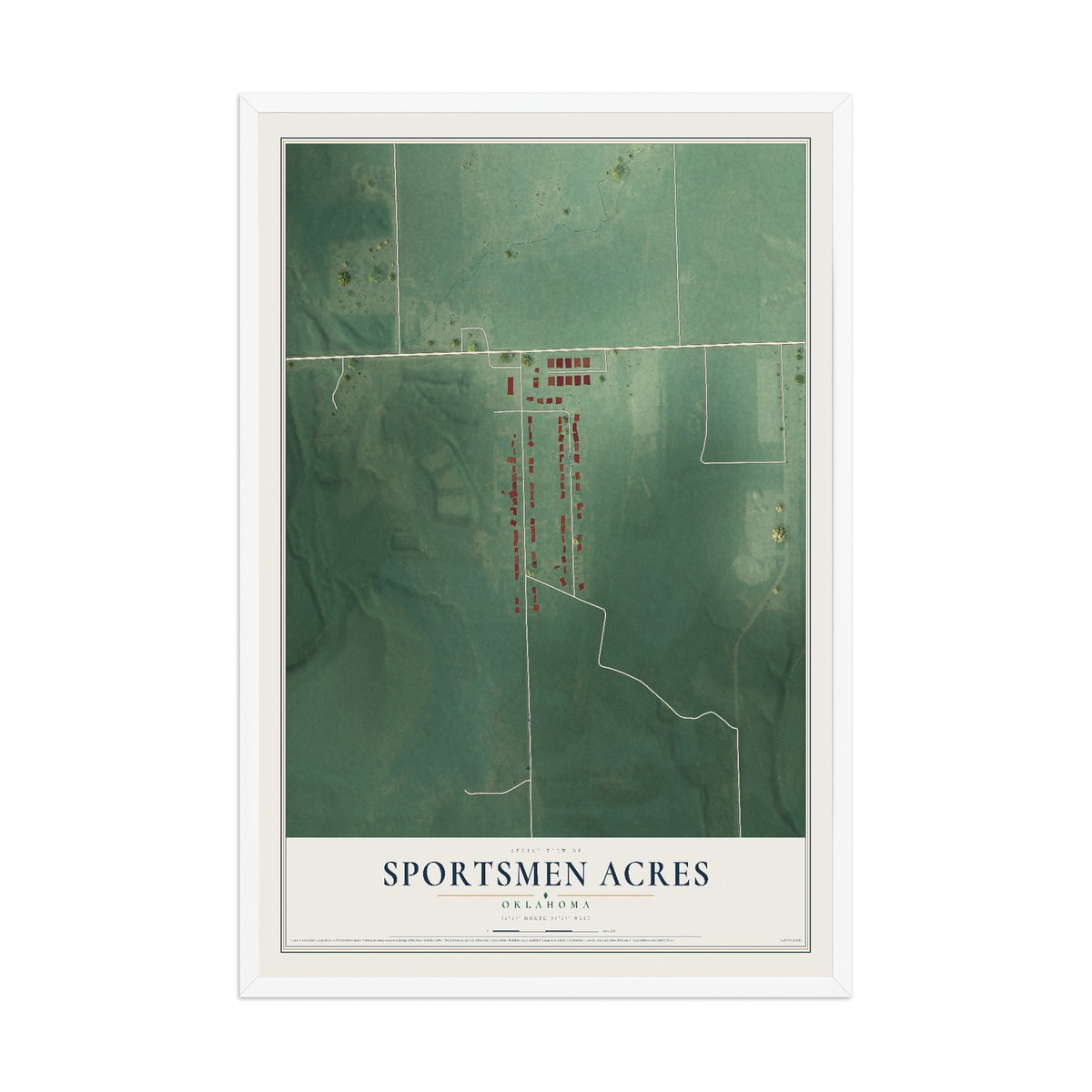 Map of Sportsmen Acres, Oklahoma, 12 x 18 inch print in a white wood frame