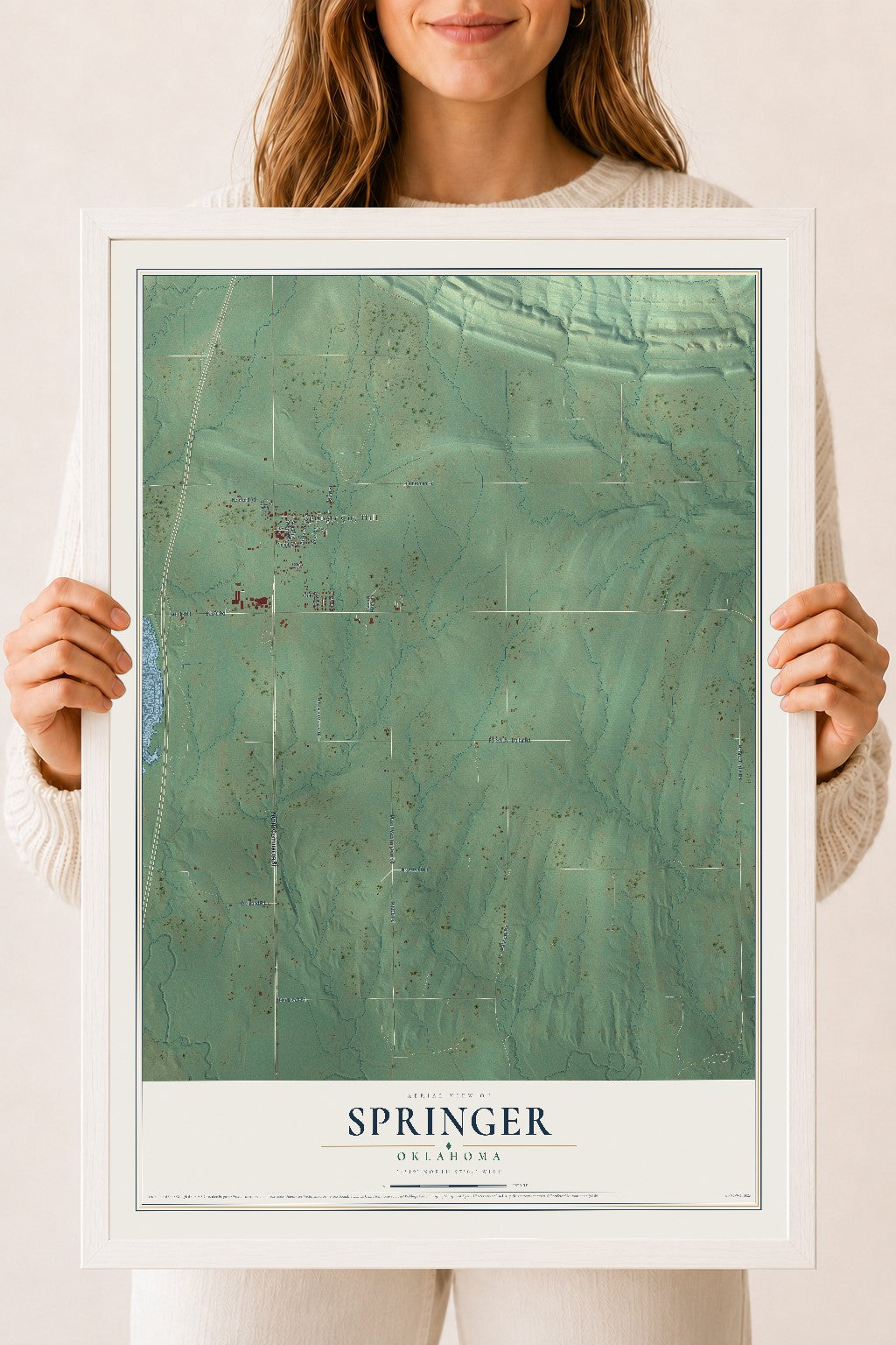 Map of Springer, Oklahoma, 18 x 24 inch print in a white wood frame