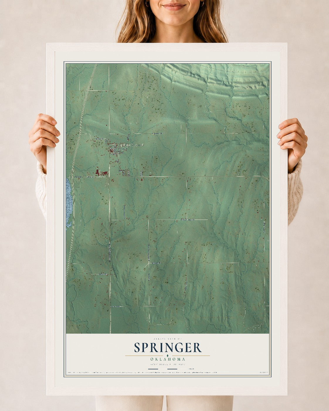 Map of Springer, Oklahoma, 24 x 36 inch print in a white wood frame