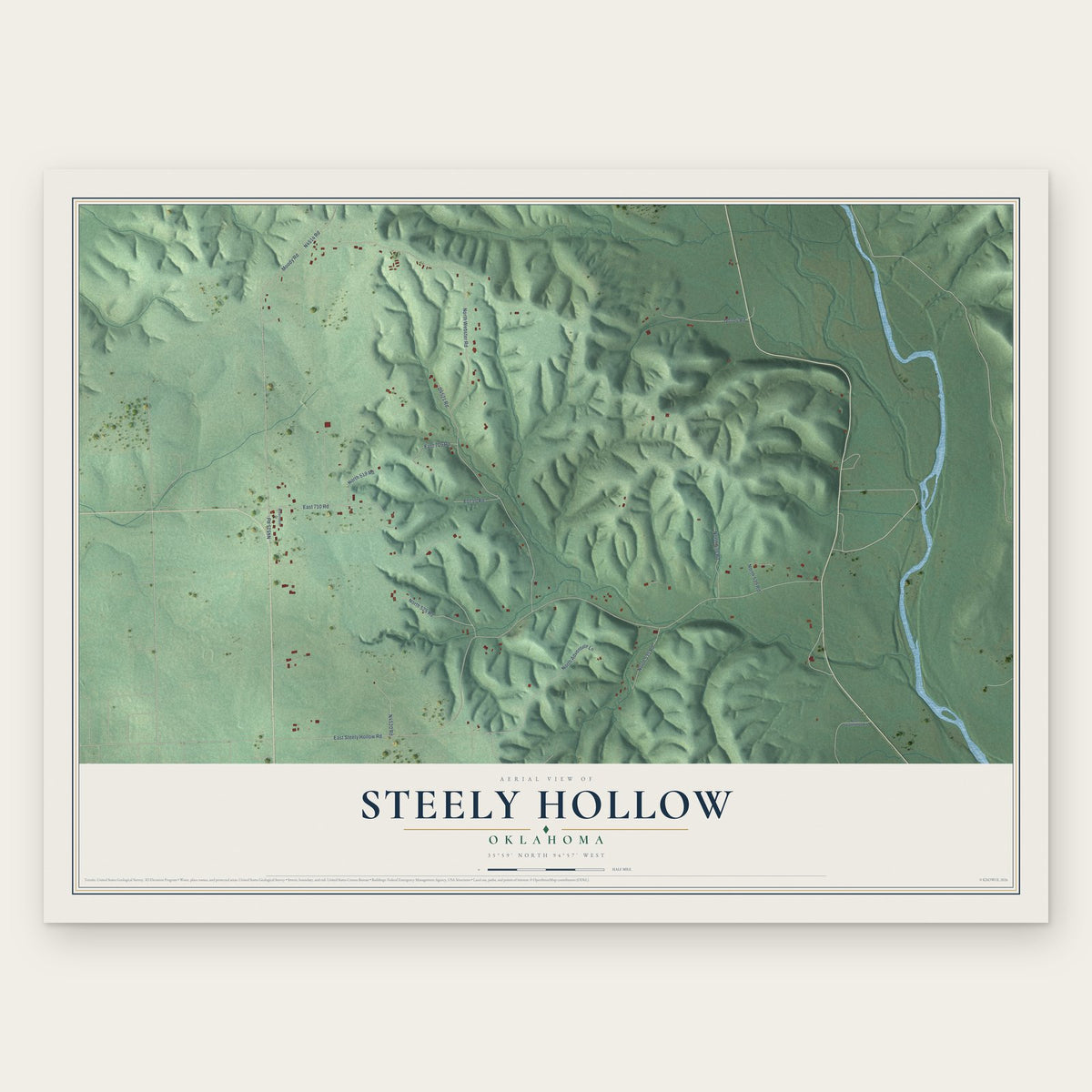 Steely Hollow, Oklahoma map print, the full design