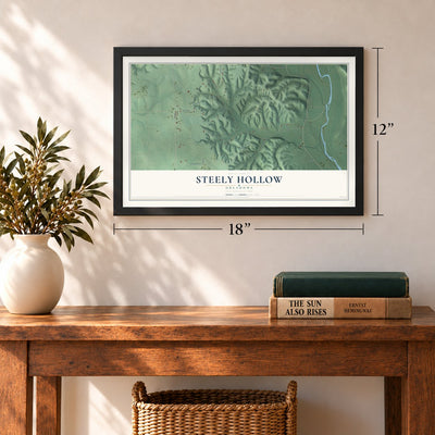 Steely Hollow, Oklahoma map, 12 x 18 inch print in a black frame in an entryway