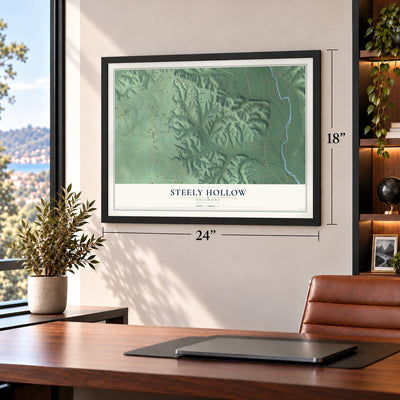 Steely Hollow, Oklahoma map, 18 x 24 inch print in a black frame in a home office