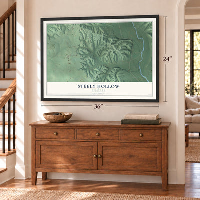 Steely Hollow, Oklahoma map, 24 x 36 inch print in a black frame above a dresser by a staircase