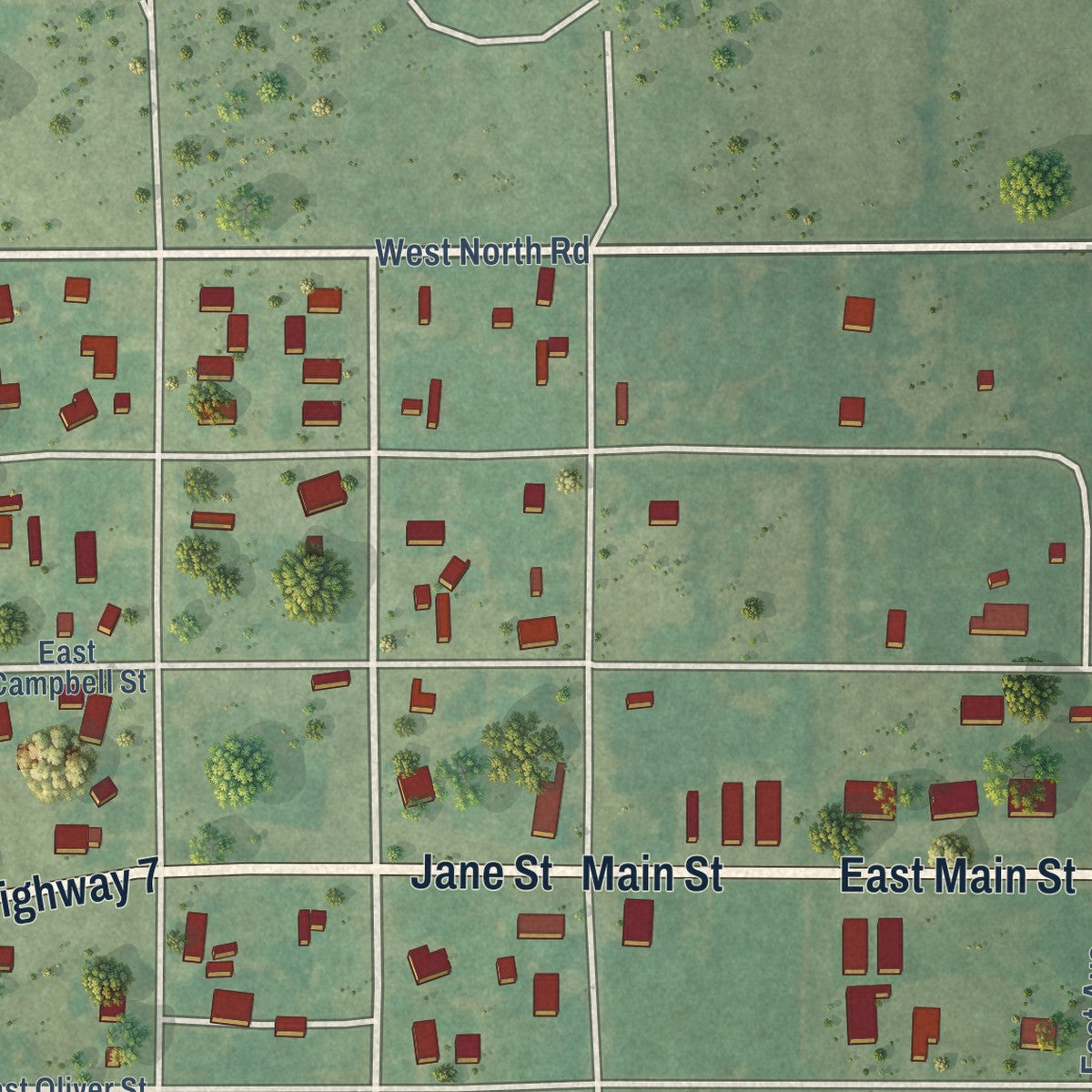 Second close-up of the map of Sterling, Oklahoma print showing more streets and buildings