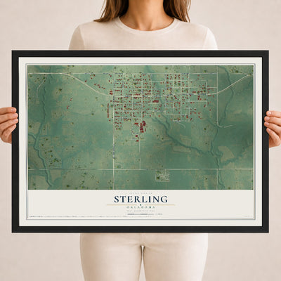 Map of Sterling, Oklahoma, 18 x 24 inch print in a black wood frame