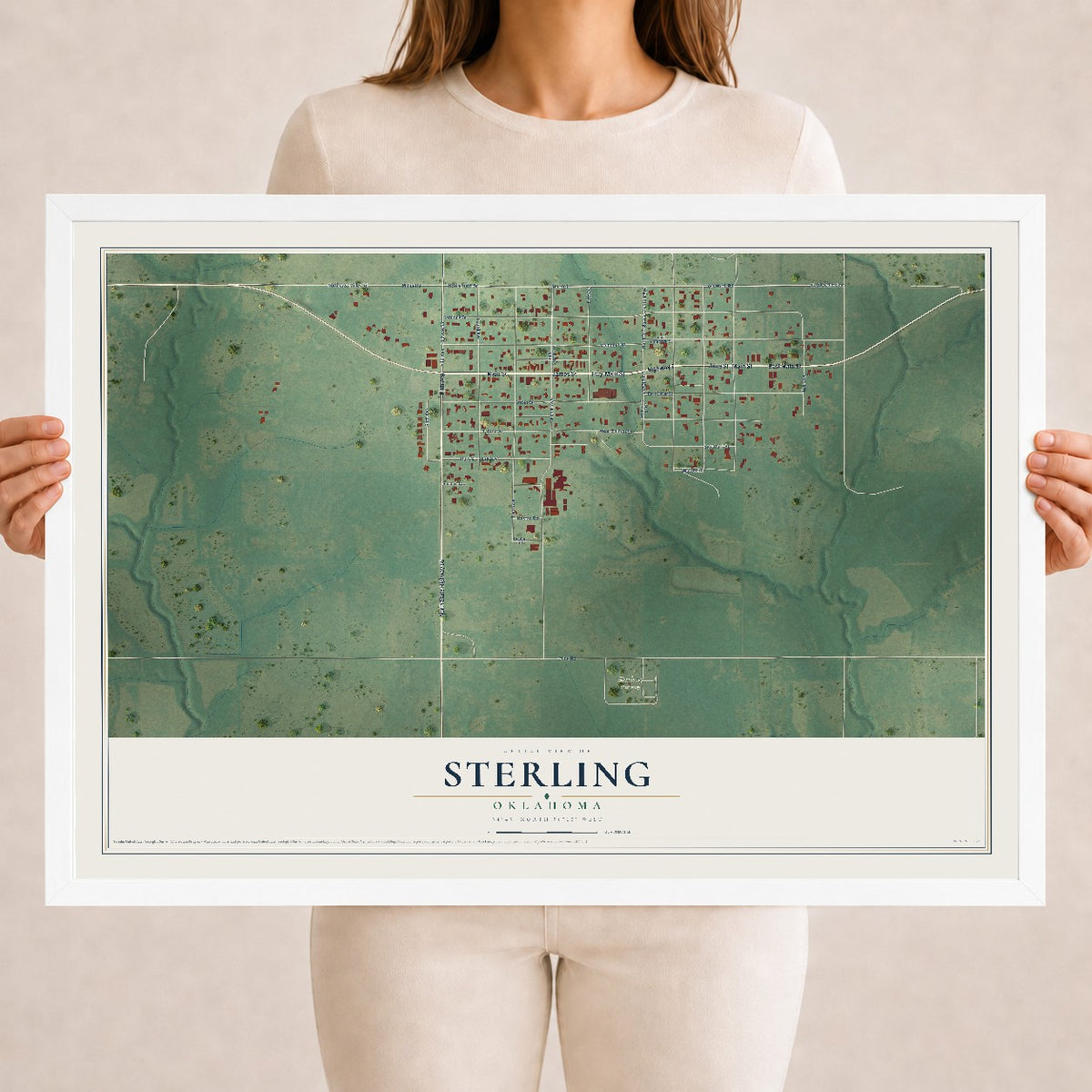 Map of Sterling, Oklahoma, 18 x 24 inch print in a white wood frame