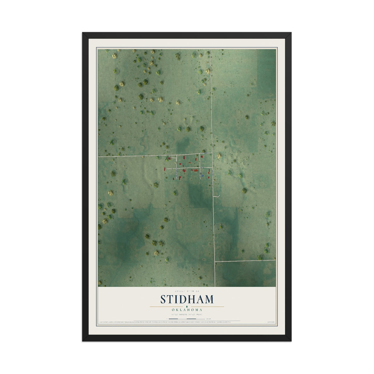 Map of Stidham, Oklahoma, 12 x 18 inch print in a black wood frame