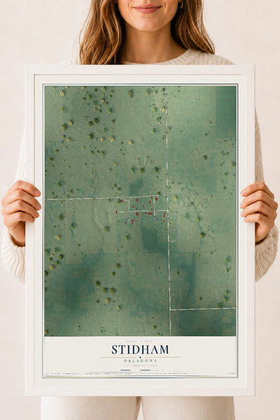 Map of Stidham, Oklahoma, 18 x 24 inch print in a white wood frame