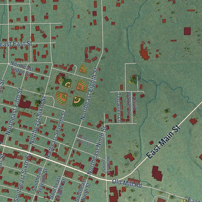 Second close-up of the map of Stigler, Oklahoma print showing more streets and buildings