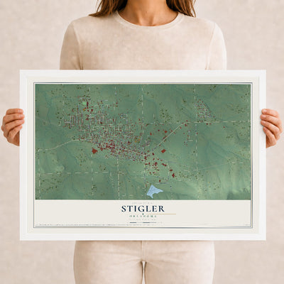 Map of Stigler, Oklahoma, 12 x 18 inch print in a white wood frame