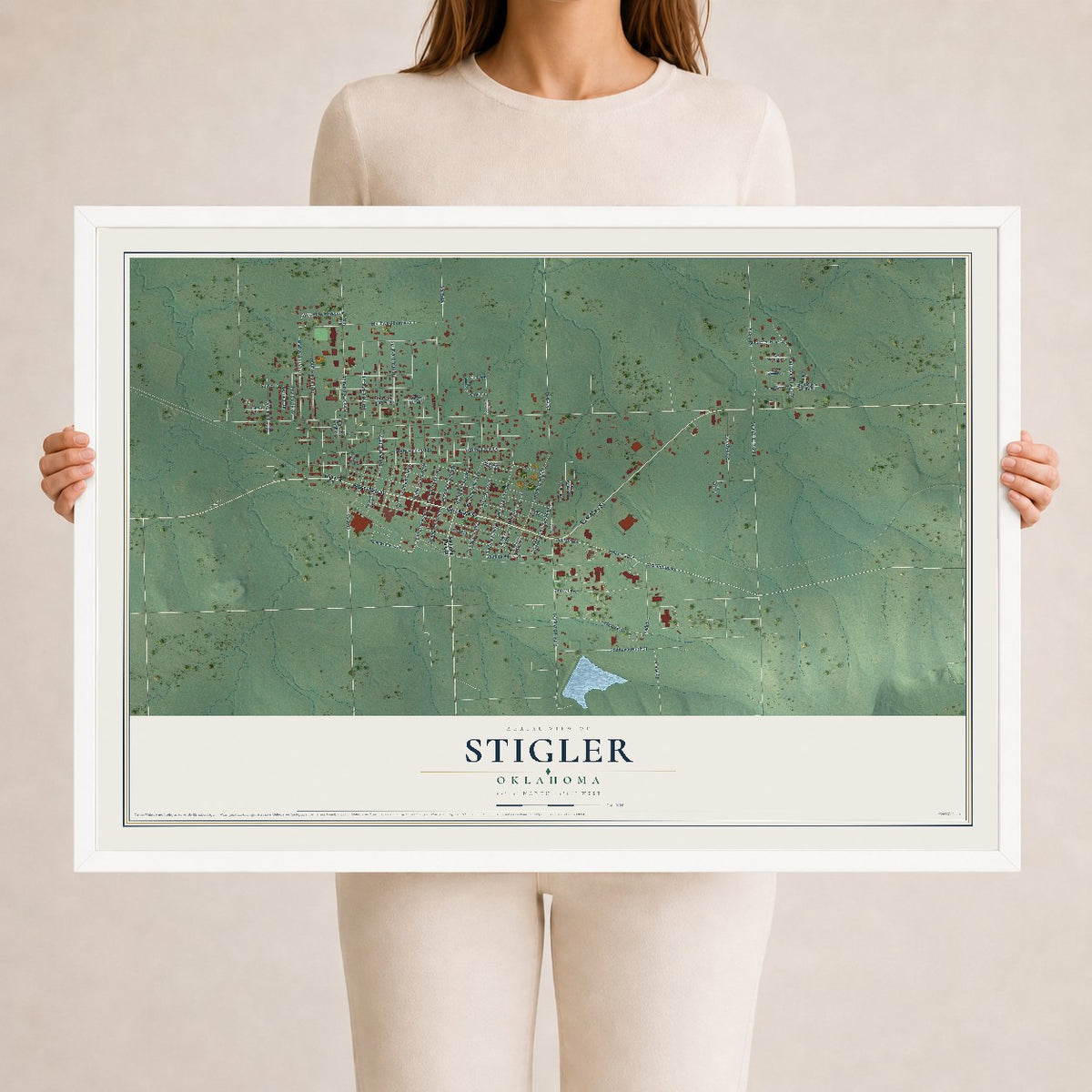 Map of Stigler, Oklahoma, 24 x 36 inch print in a white wood frame
