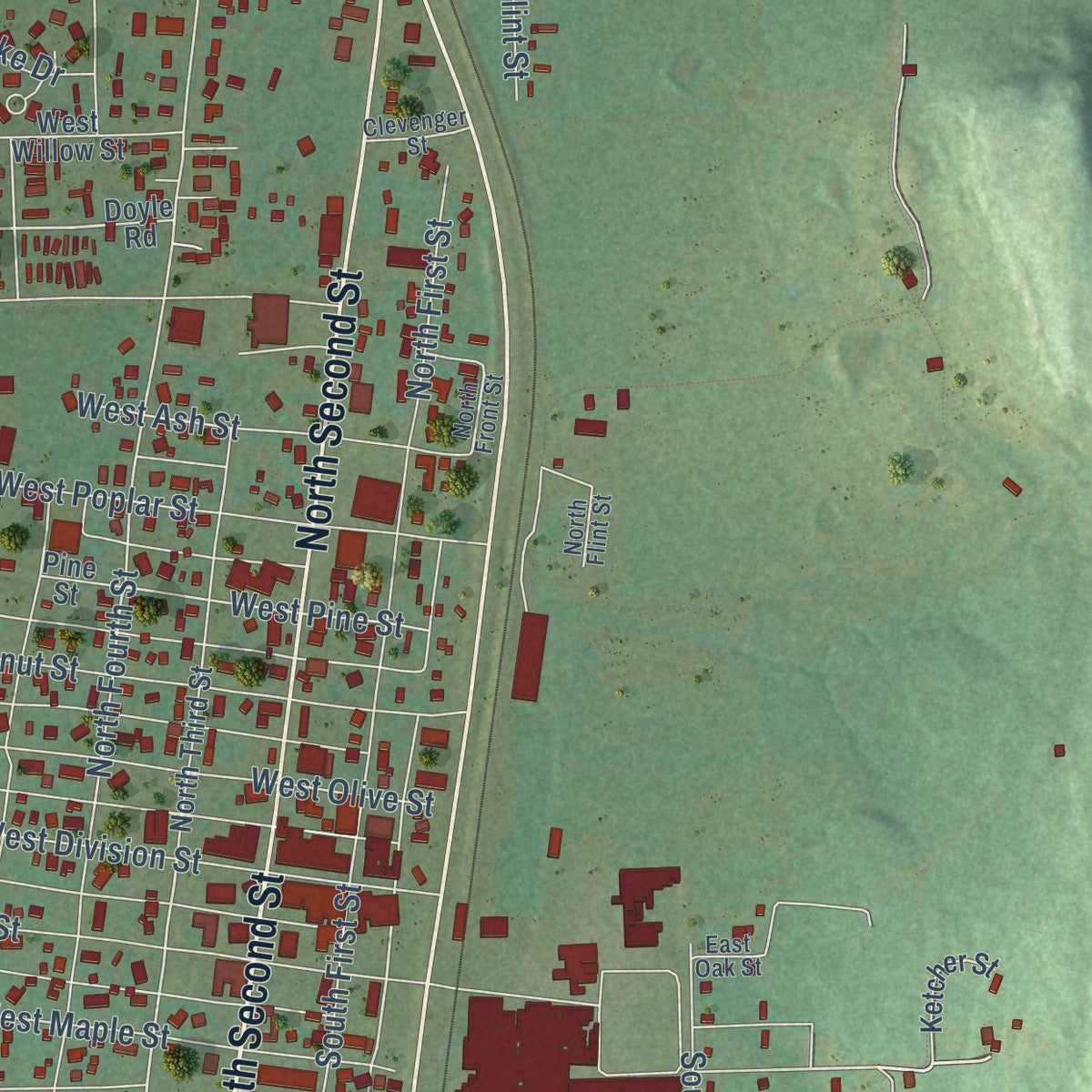 Second close-up of the map of Stilwell, Oklahoma print showing more streets and buildings
