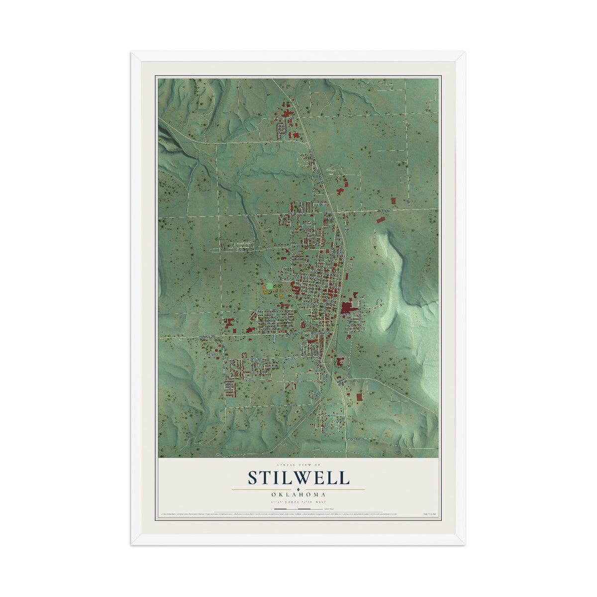 Map of Stilwell, Oklahoma, 12 x 18 inch print in a white wood frame