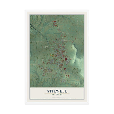 Map of Stilwell, Oklahoma, 12 x 18 inch print in a white wood frame