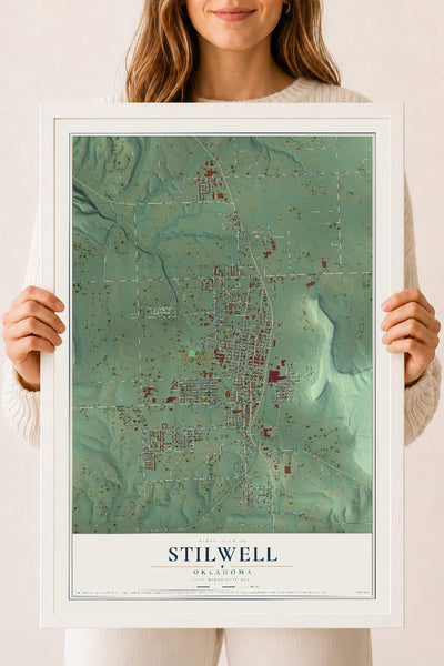Map of Stilwell, Oklahoma, 18 x 24 inch print in a white wood frame