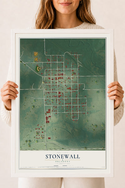 Map of Stonewall, Oklahoma, 18 x 24 inch print in a white wood frame