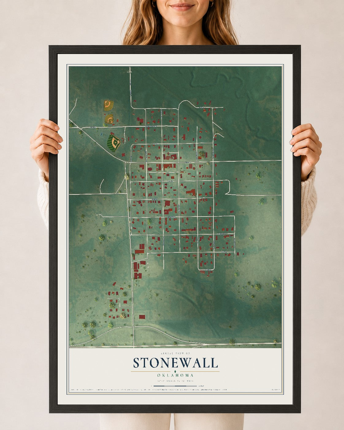 Map of Stonewall, Oklahoma, 24 x 36 inch print in a black wood frame