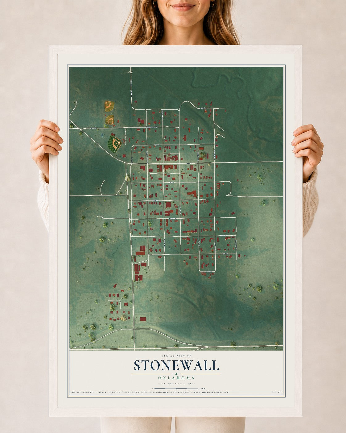 Map of Stonewall, Oklahoma, 24 x 36 inch print in a white wood frame