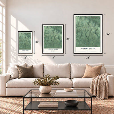 Stoney Point, Oklahoma map in 12 x 18, 18 x 24 and 24 x 36 inch sizes above a sofa