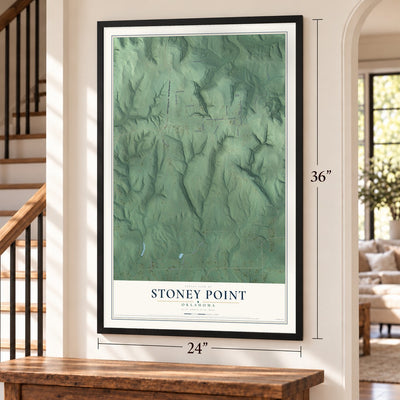 Stoney Point, Oklahoma map, 24 x 36 inch print in a black frame by a staircase
