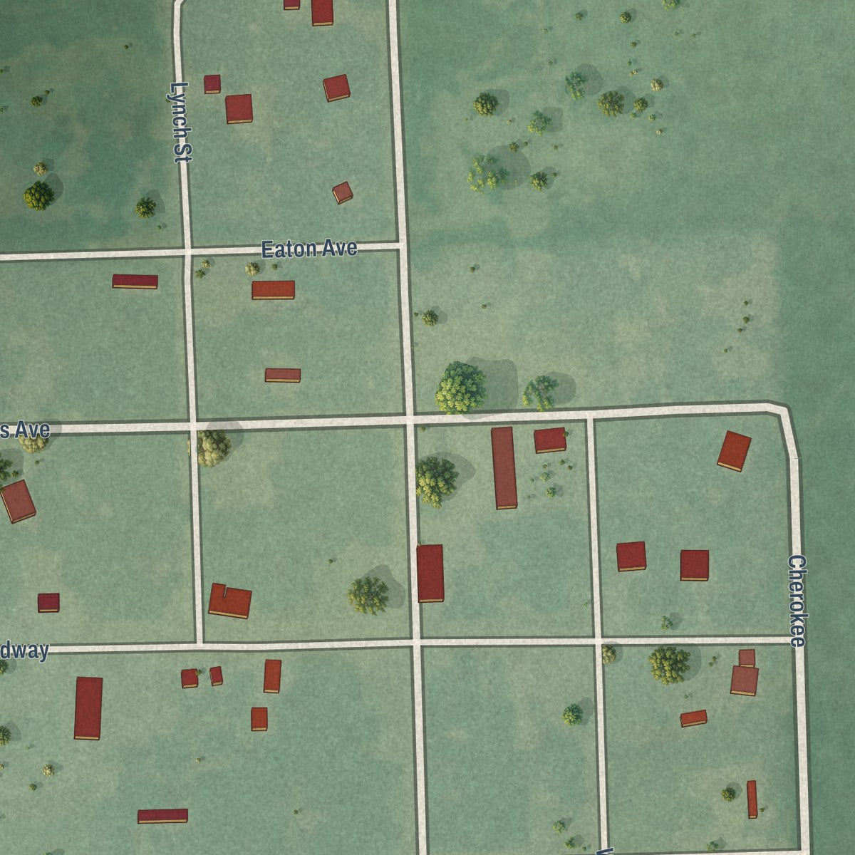 Second close-up of the map of Strang, Oklahoma print showing more streets and buildings