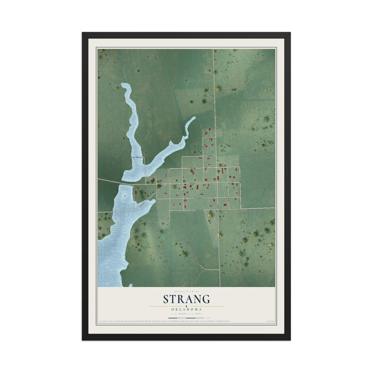 Map of Strang, Oklahoma, 12 x 18 inch print in a black wood frame