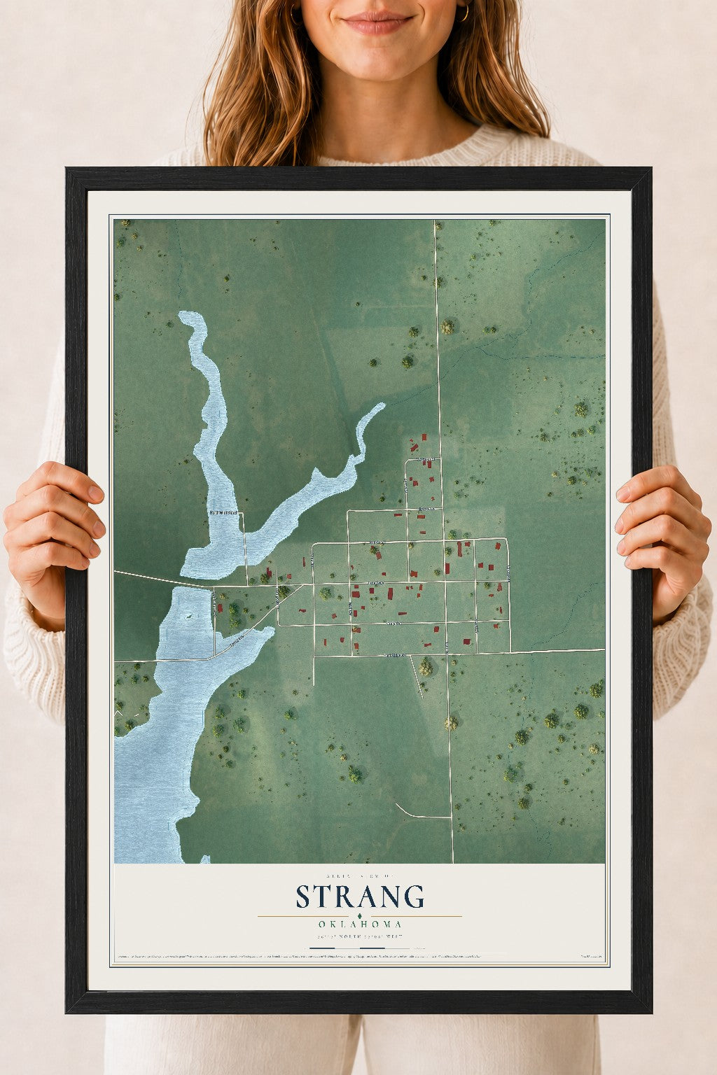 Map of Strang, Oklahoma, 18 x 24 inch print in a black wood frame