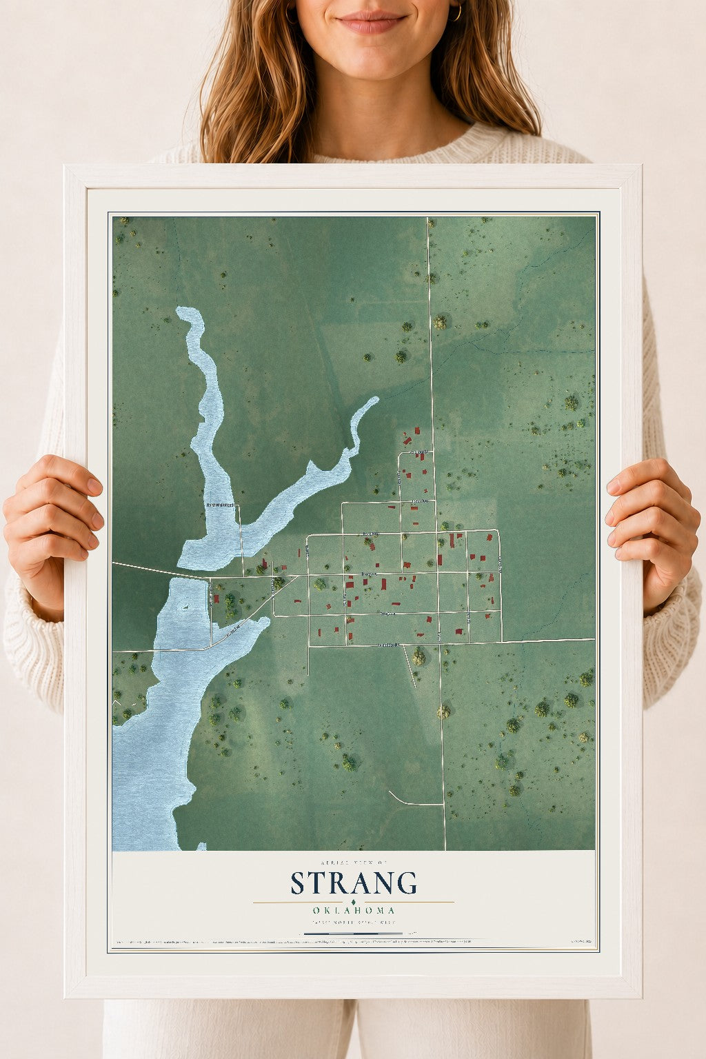 Map of Strang, Oklahoma, 18 x 24 inch print in a white wood frame