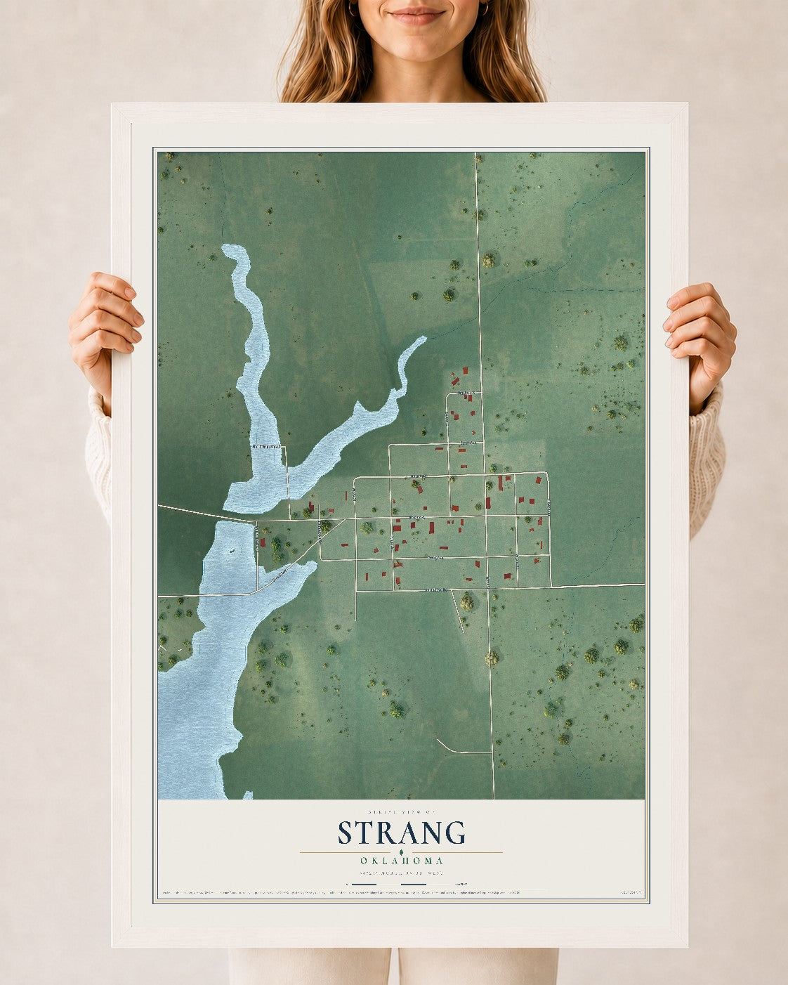 Map of Strang, Oklahoma, 24 x 36 inch print in a white wood frame
