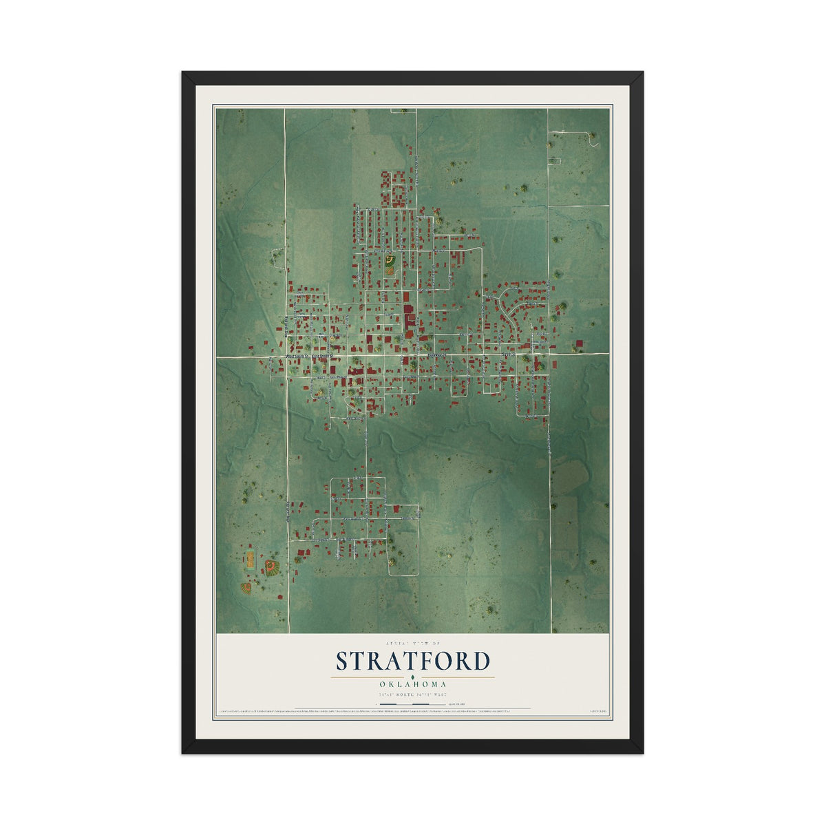Map of Stratford, Oklahoma, 12 x 18 inch print in a black wood frame
