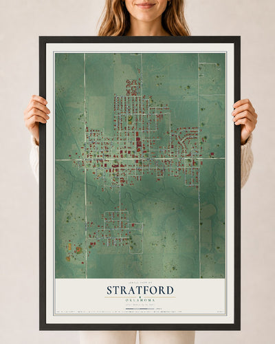 Map of Stratford, Oklahoma, 24 x 36 inch print in a black wood frame