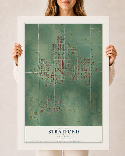 Map of Stratford, Oklahoma, 24 x 36 inch print in a white wood frame