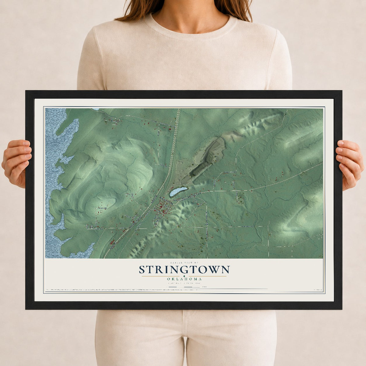 Map of Stringtown, Oklahoma, 12 x 18 inch print in a black wood frame