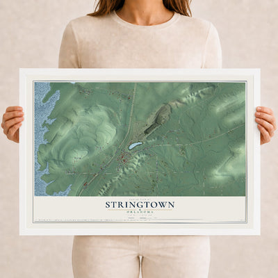 Map of Stringtown, Oklahoma, 12 x 18 inch print in a white wood frame