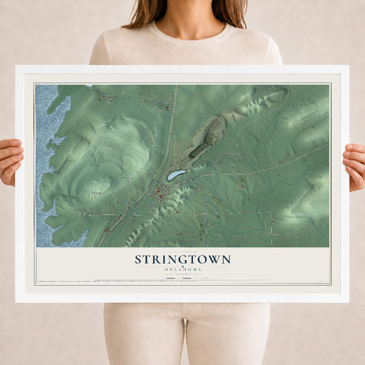 Map of Stringtown, Oklahoma, 18 x 24 inch print in a white wood frame