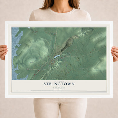Map of Stringtown, Oklahoma, 18 x 24 inch print in a white wood frame