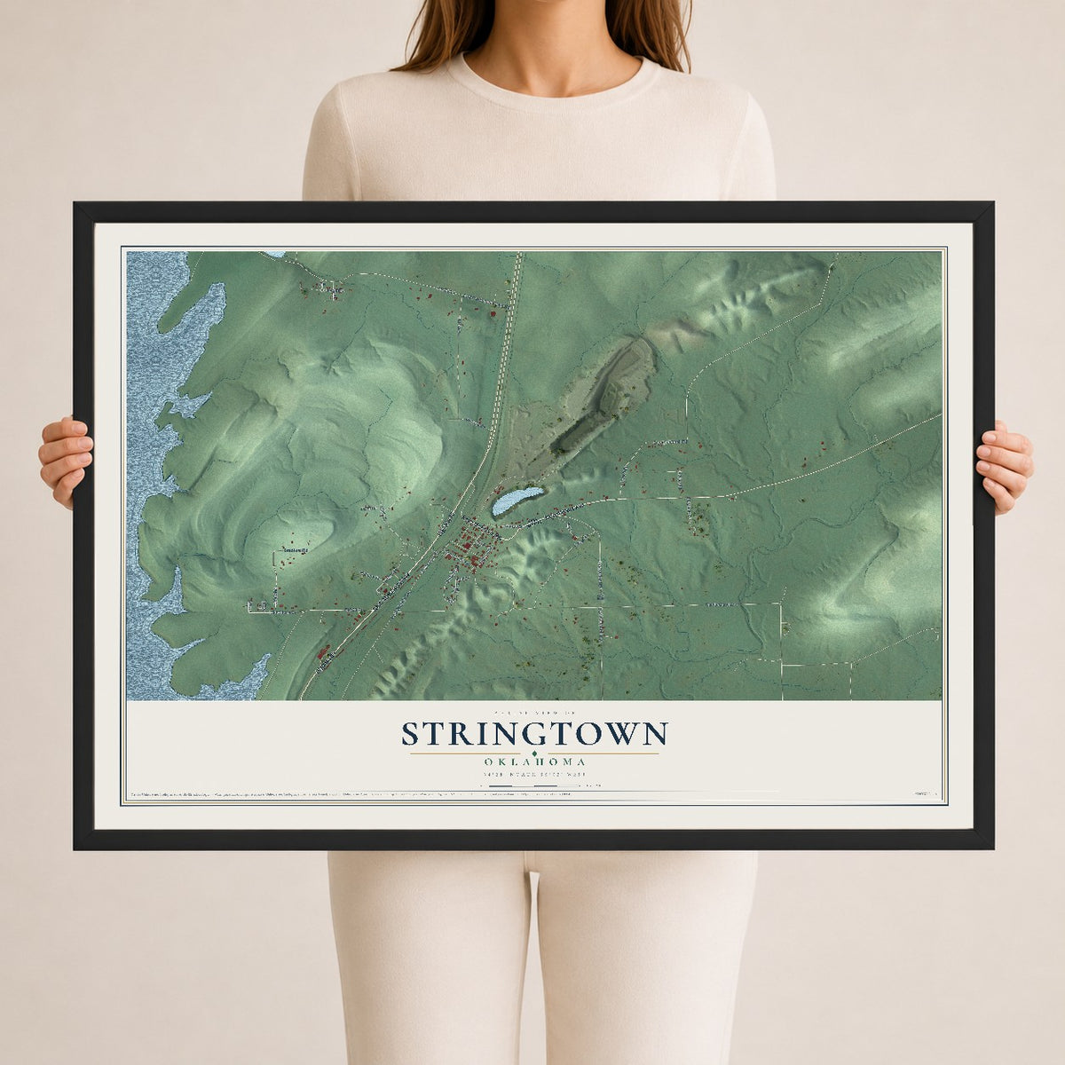 Map of Stringtown, Oklahoma, 24 x 36 inch print in a black wood frame