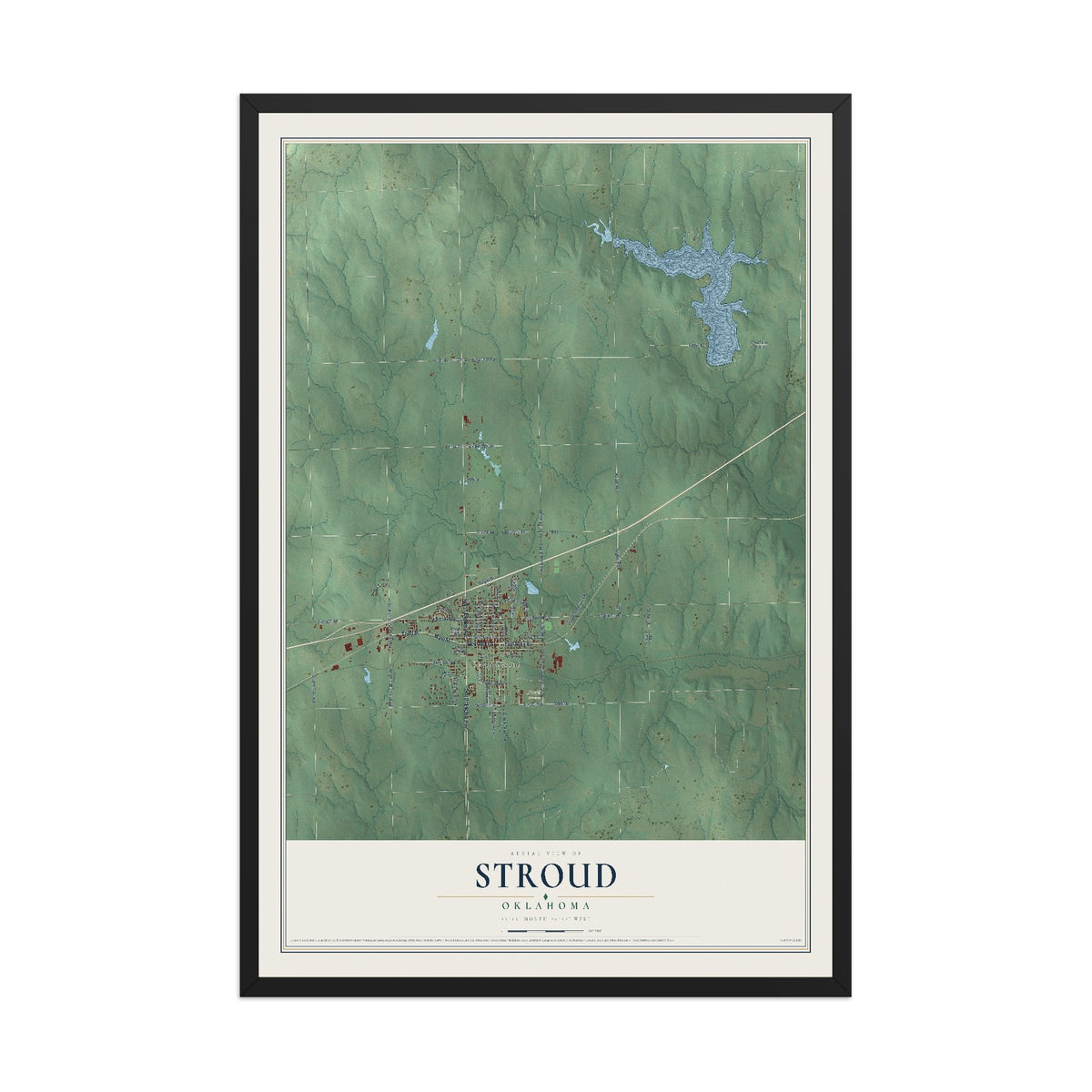 Map of Stroud, Oklahoma, 12 x 18 inch print in a black wood frame