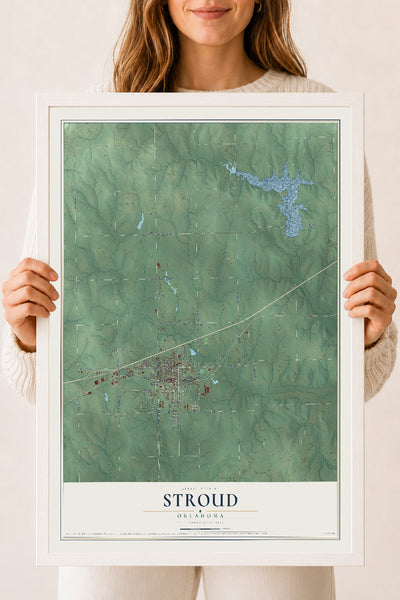 Map of Stroud, Oklahoma, 18 x 24 inch print in a white wood frame