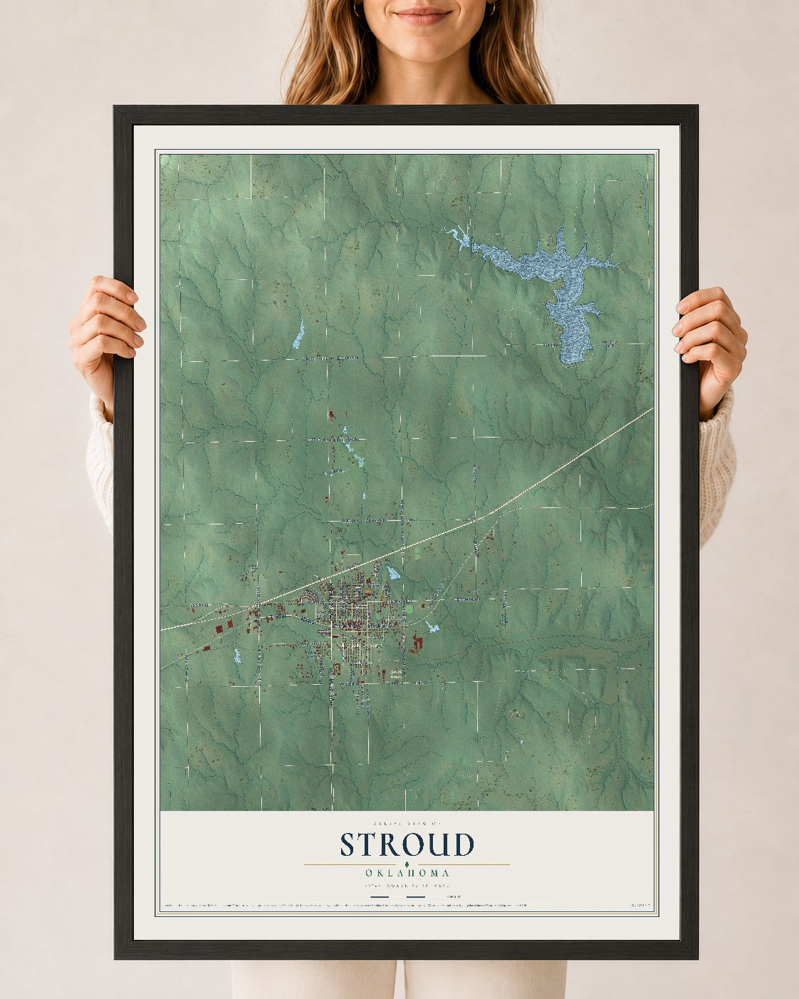 Map of Stroud, Oklahoma, 24 x 36 inch print in a black wood frame