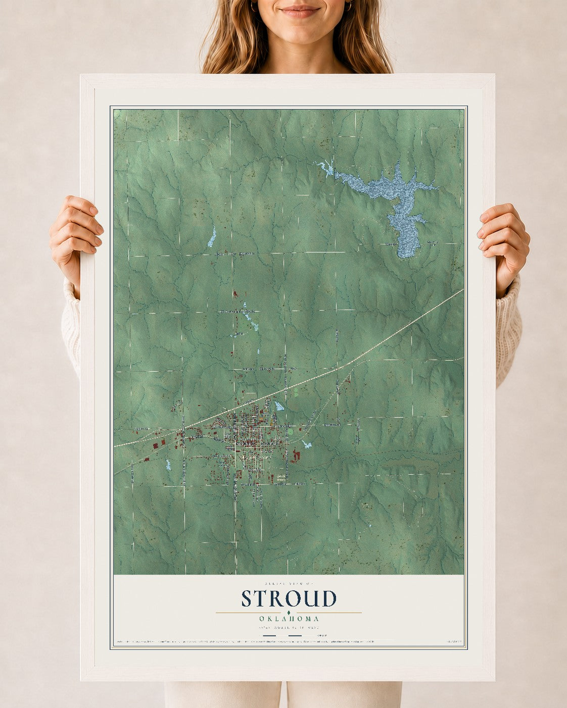 Map of Stroud, Oklahoma, 24 x 36 inch print in a white wood frame