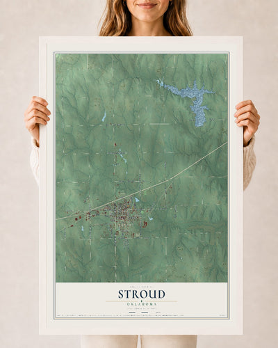 Map of Stroud, Oklahoma, 24 x 36 inch print in a white wood frame